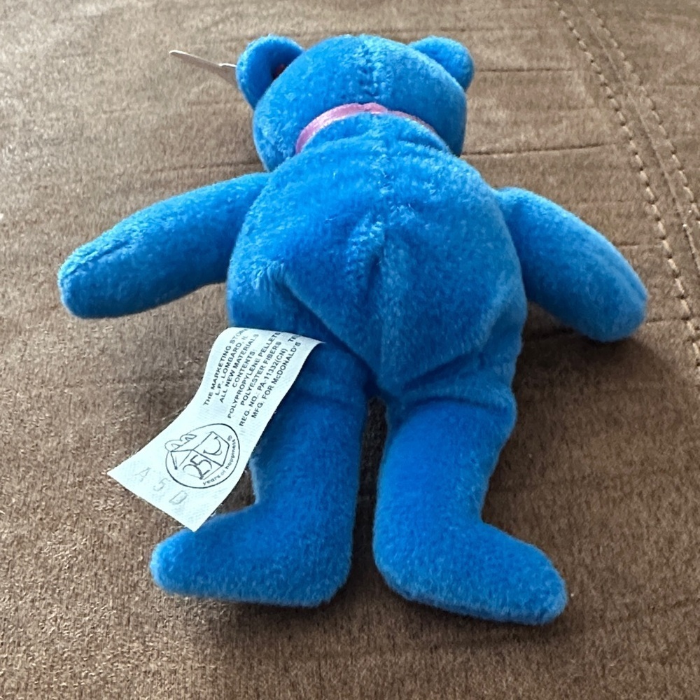 McNugget the Bear Beanie baby Blue Stuffed Bear with Pink Ribbon - Picture 7 of 7